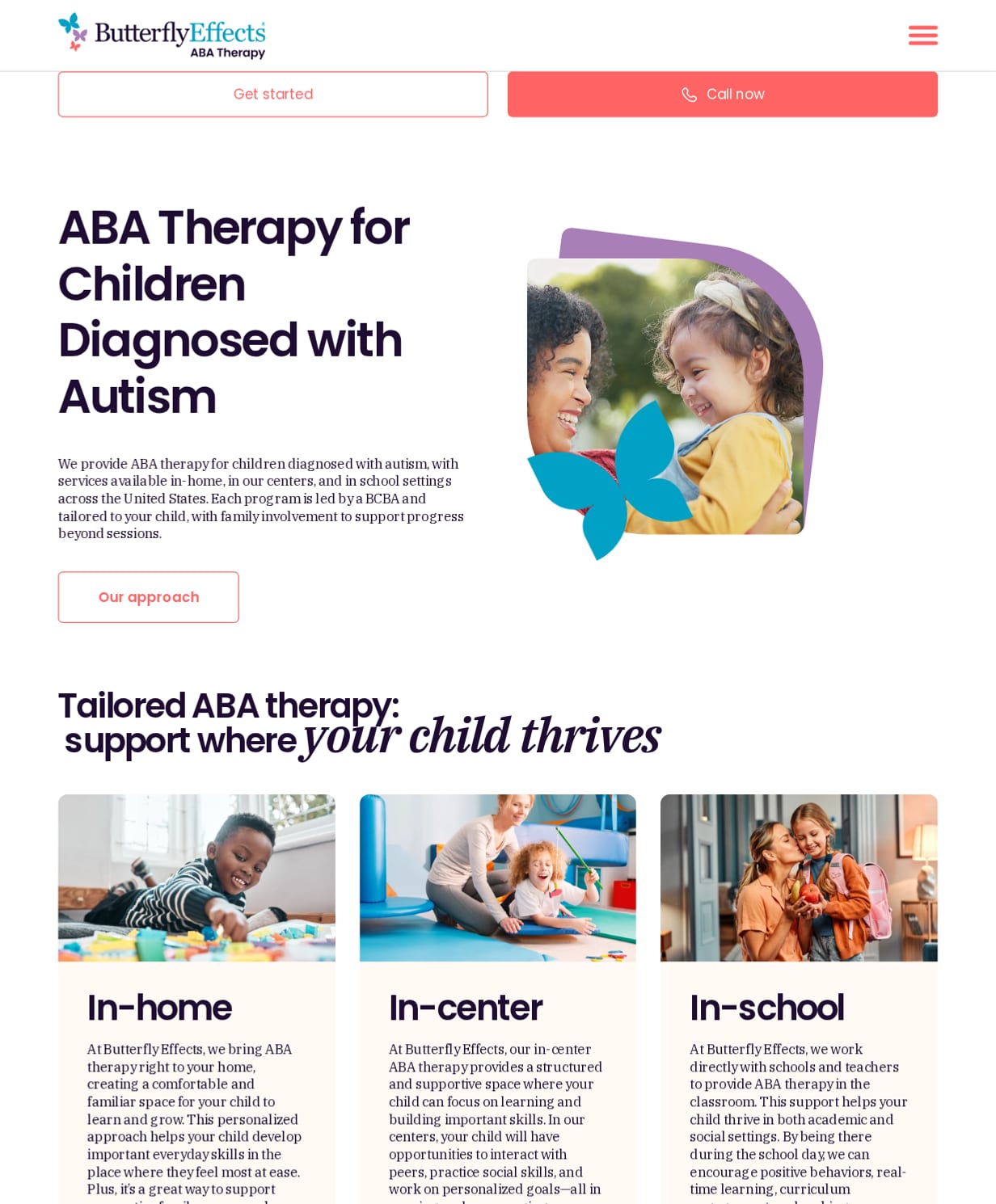 The Butterfly Effects homepage with its ABA therapy hero