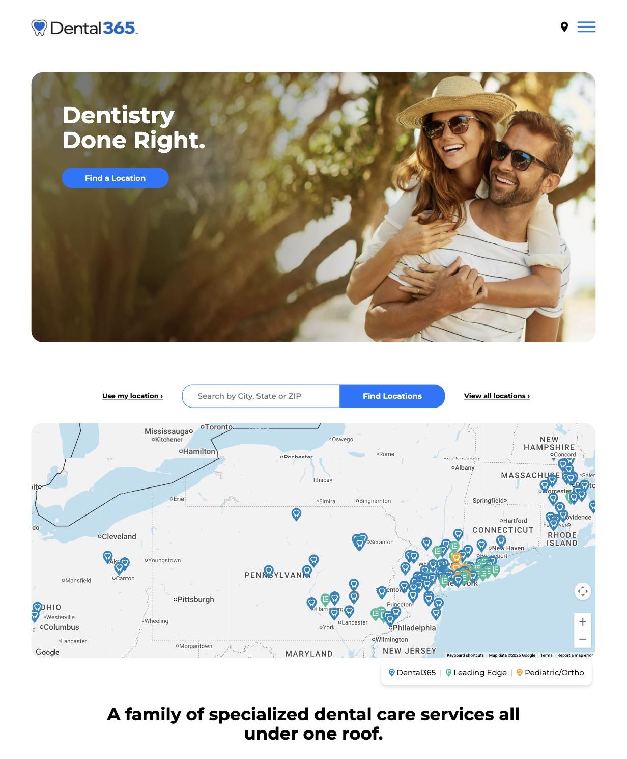 The GoDental365 homepage with its location-finder hero
