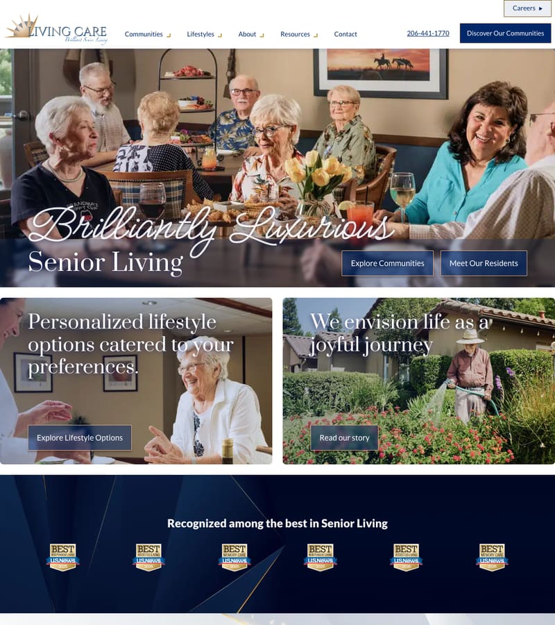 Living Care Lifestyles homepage, with the Brilliantly Luxurious Senior Living hero and links to its five Quail Park communities