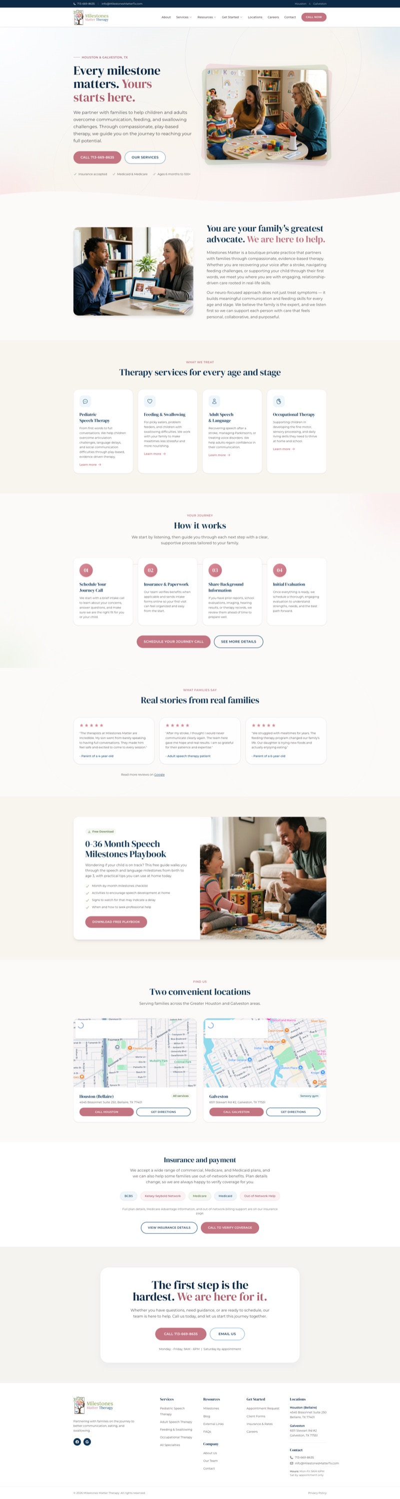 Milestones Matter Therapy — speech therapy website for Houston and Galveston with service pages and scheduling