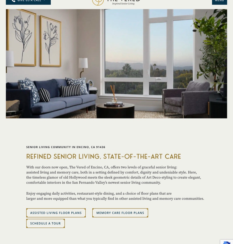 The Vered homepage, an assisted living and memory care community in Encino, California, with a sunlit apartment living room and floor plan links